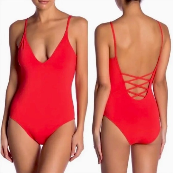 Vyd One Piece Swimsuit Bathing Suit Red Crisscross Back Spaghetti Straps Small - Picture 1 of 4